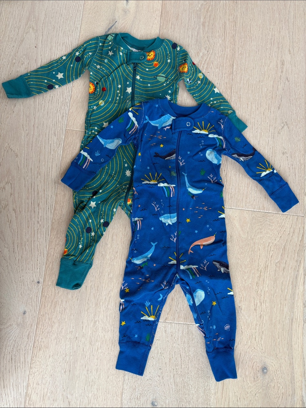 Hanna Andersson Blue and Green Space & Whale Print Kids Footed Pajamas